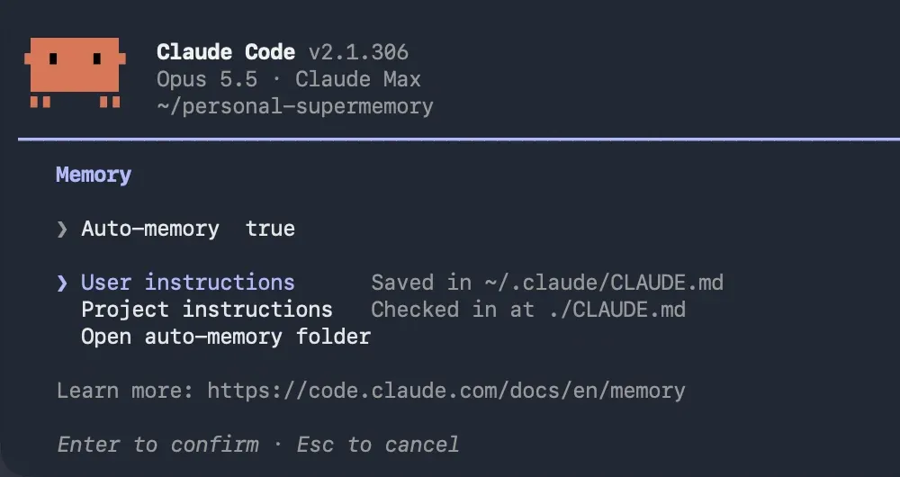 Screenshot of Claude Code 2.1.306 with the /memory panel open: auto-memory true, user instructions saved in ~/.claude/CLAUDE.md, project instructions checked in at ./CLAUDE.md, and Open auto-memory folder.