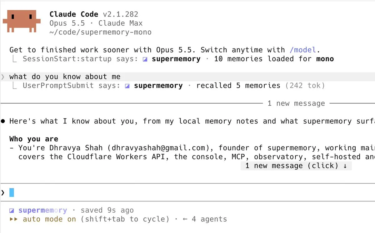 Supermemory's Claude Code integration showing memory context injected into an agent session.