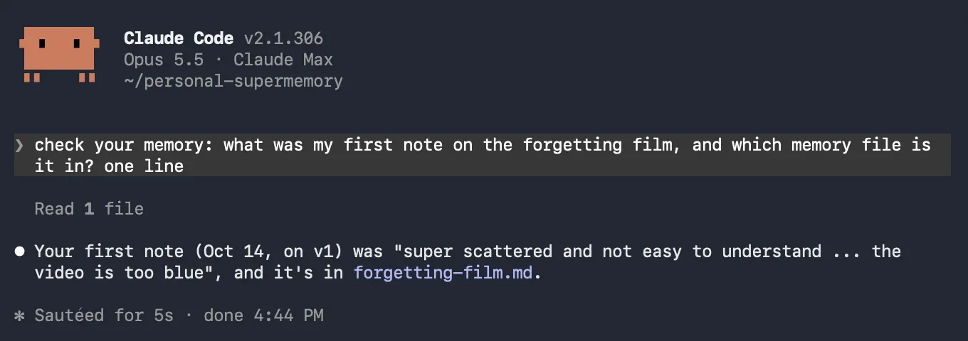 Screenshot of Claude Code with the Supermemory plugin off: asked to check its memory for the first note on the forgetting film, Claude reads 1 file and answers with the note and the file it's in, forgetting-film.md.