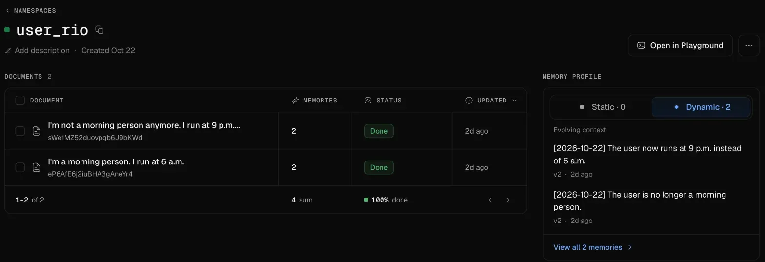 Screenshot of the Supermemory console for a test user, user_rio: two documents, I'm a morning person. I run at 6 a.m. and I'm not a morning person anymore. I run at 9 p.m., and a profile whose dynamic facts now say the user runs at 9 p.m.