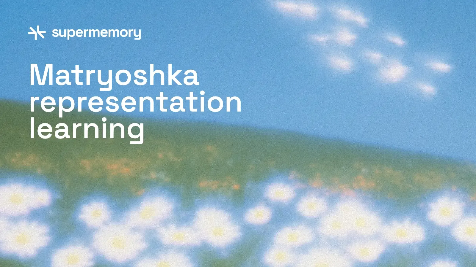 A blurred, grainy photo of white daisies on a green hillside under a blue sky, with the supermemory logo and the headline Matryoshka representation learning.