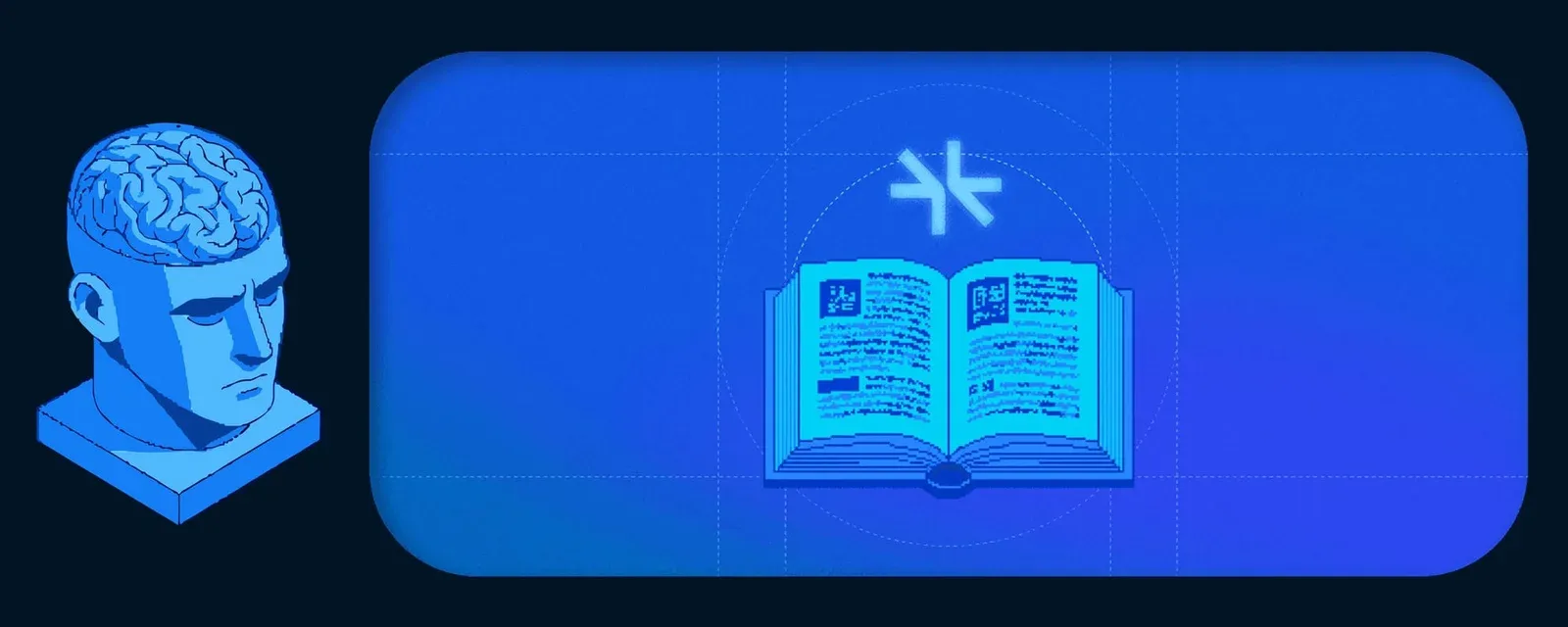 Blue pixel-art illustration of a classical bust with an exposed brain beside an open book under the Supermemory logo