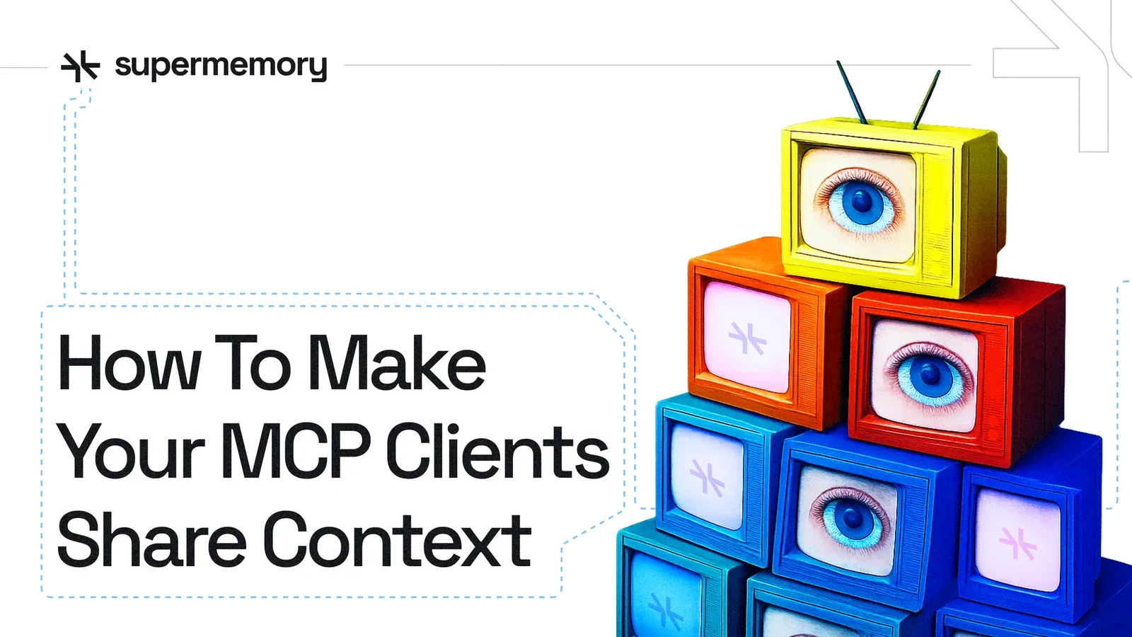 Blog cover banner reading "How To Make Your MCP Clients Share Context" beside a stacked pyramid of retro TVs showing eyes