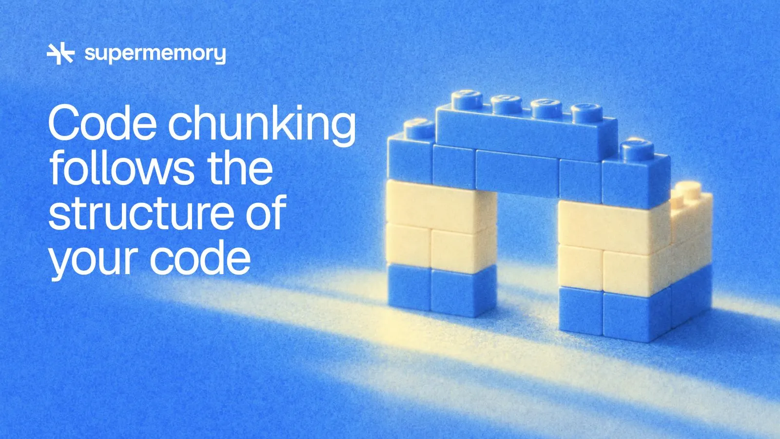 Supermemory header reading "Code chunking follows the structure of your code" — Selected Lego gateway with a stepped top, doorway and connected side walls