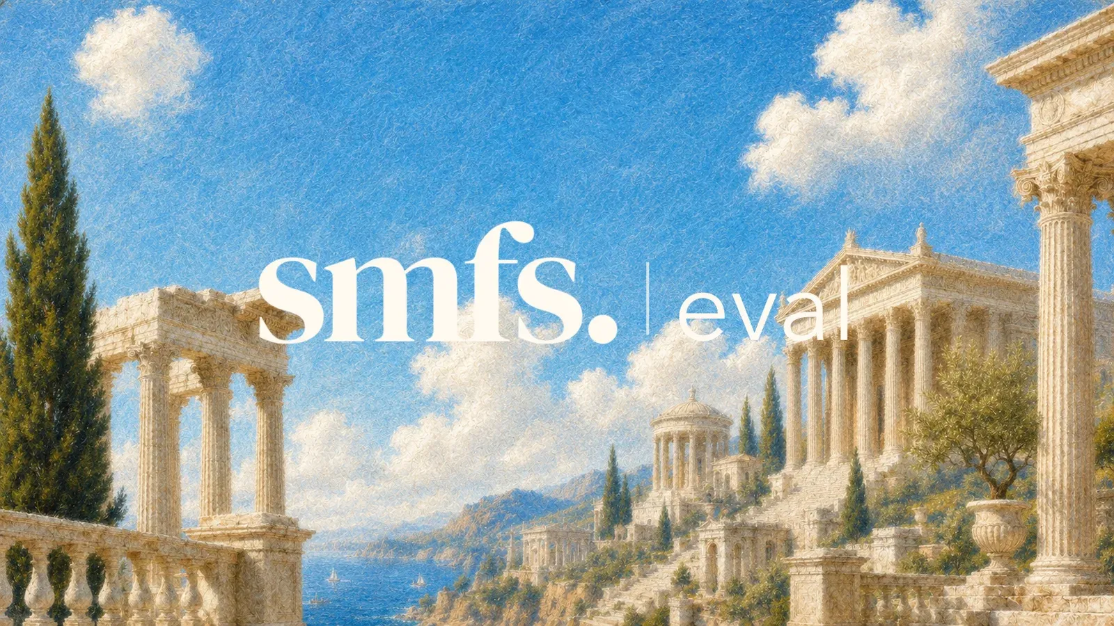 Banner with white serif text "smfs. | eval" over a painted classical landscape of Greek temples and columns