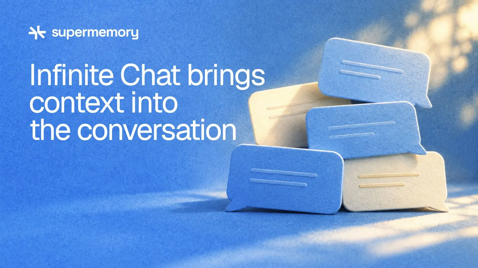 Supermemory header reading "Infinite Chat brings context into the conversation" — Overlapping conversation cards bring an earlier message into the current exchange