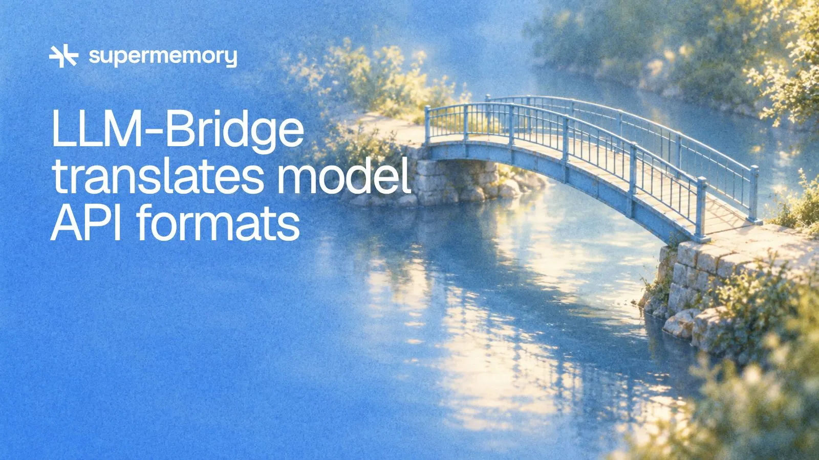 Supermemory header reading "LLM-Bridge translates model API formats" — A footbridge connects two banks, representing translation between model API formats