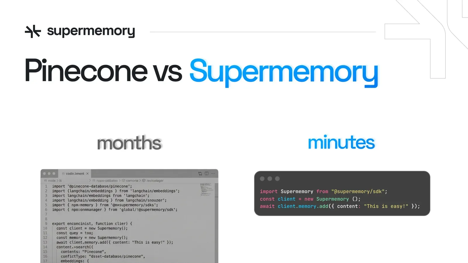 Blog banner reading "Pinecone vs Supermemory" comparing a long code block labeled months to a short one labeled minutes