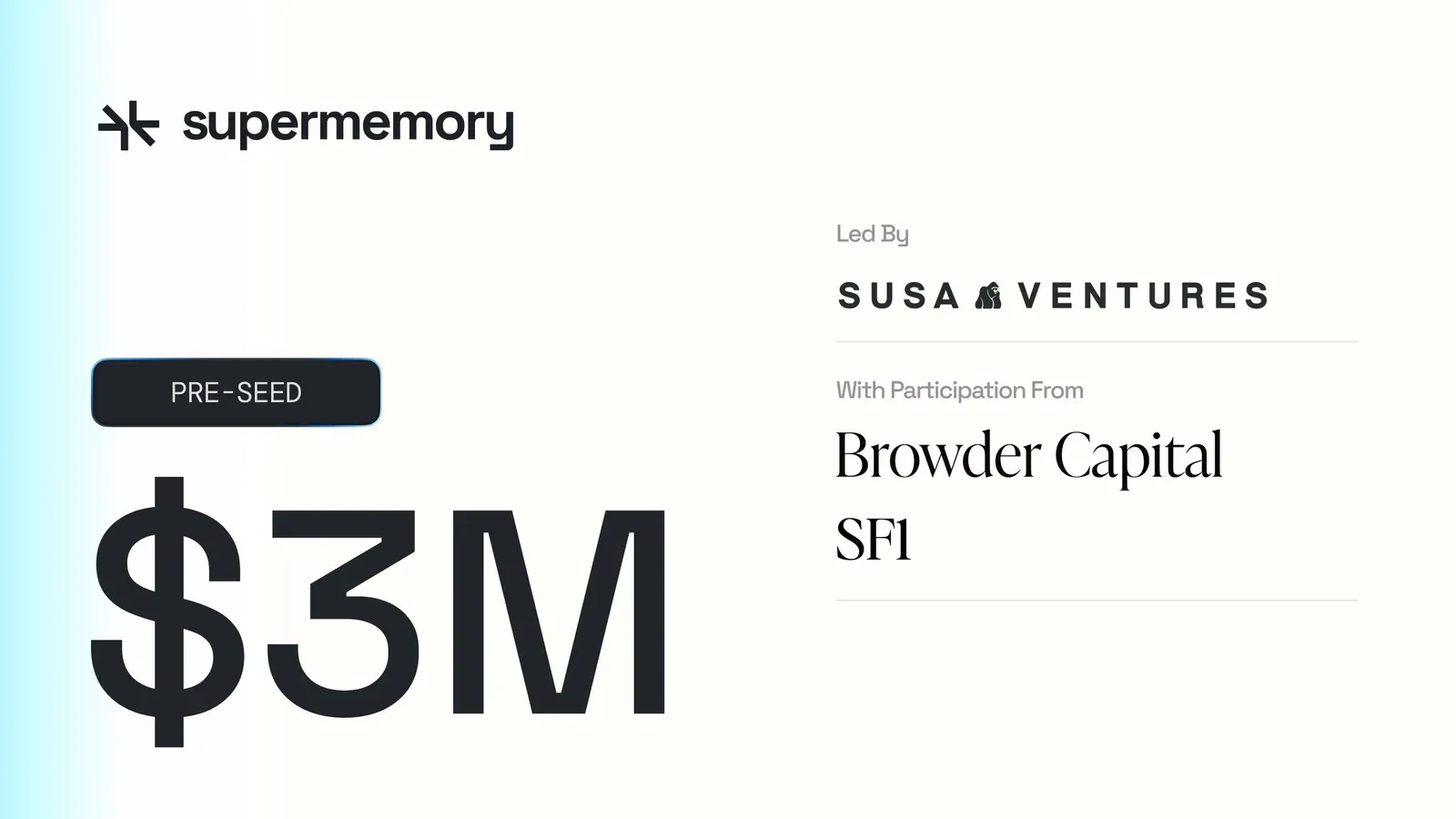 Supermemory funding banner showing "PRE-SEED $3M" led by Susa Ventures, with Browder Capital and SF1