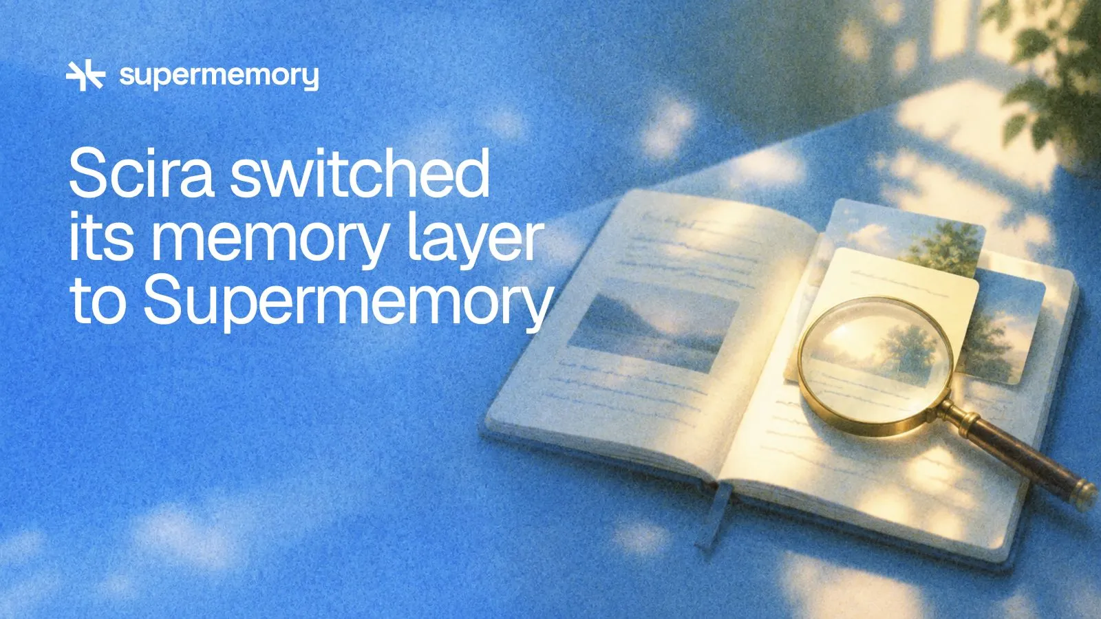 Supermemory header reading "Scira switched its memory layer to Supermemory" — A notebook, source cards and a magnifying glass represent saved research