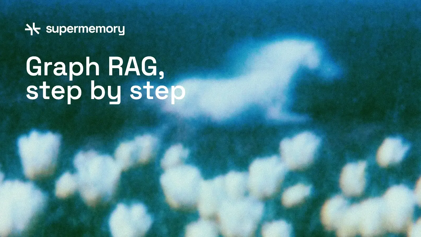 A blurred, grainy photo of white tulips under a dark teal sky with a horse-shaped cloud, with the supermemory logo and the headline Graph RAG, step by step.
