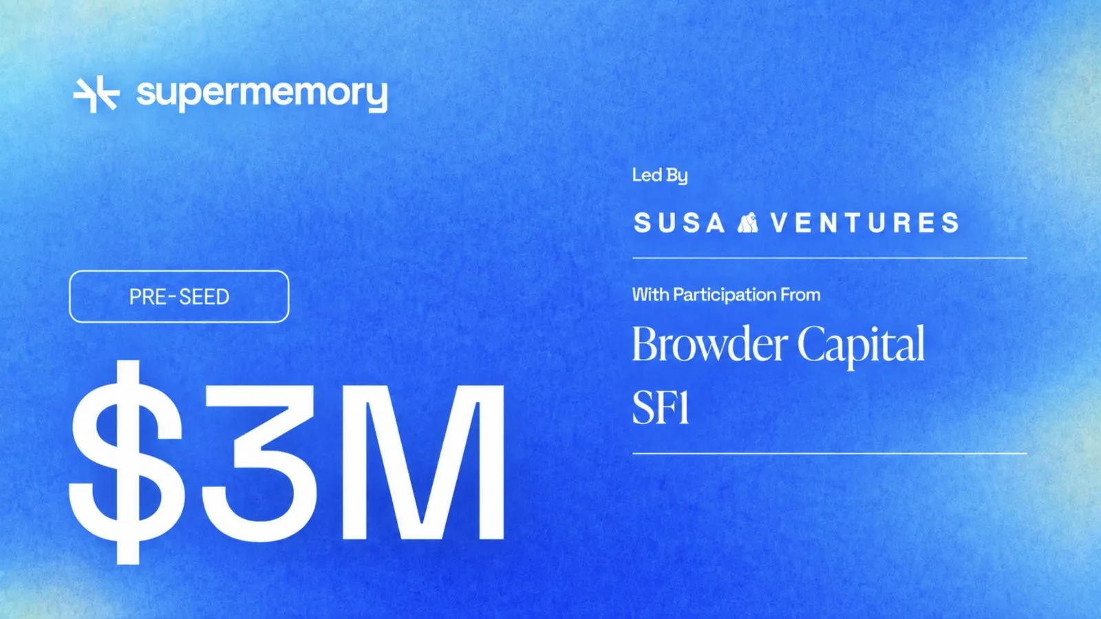 Supermemory pre-seed funding announcement for $3M, with investor names in white over a grainy blue background