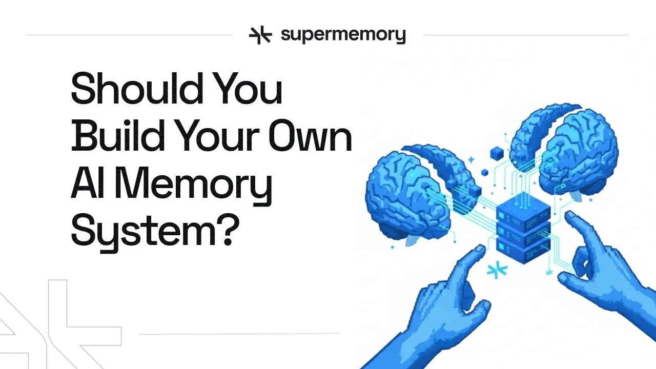 Blog cover banner reading "Should You Build Your Own AI Memory System?" with two blue robotic hands reaching toward stacked brains