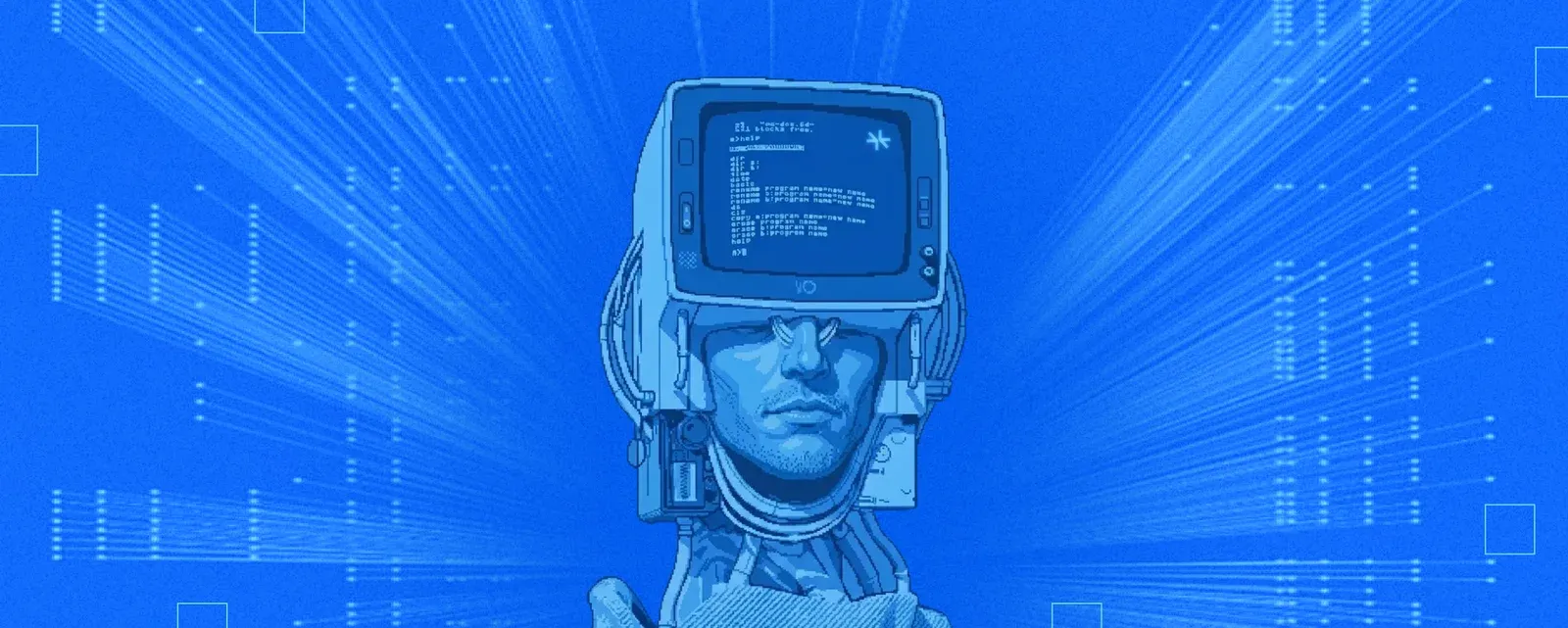 Blue retro illustration of a man wearing a helmet with a computer monitor screen mounted over his face