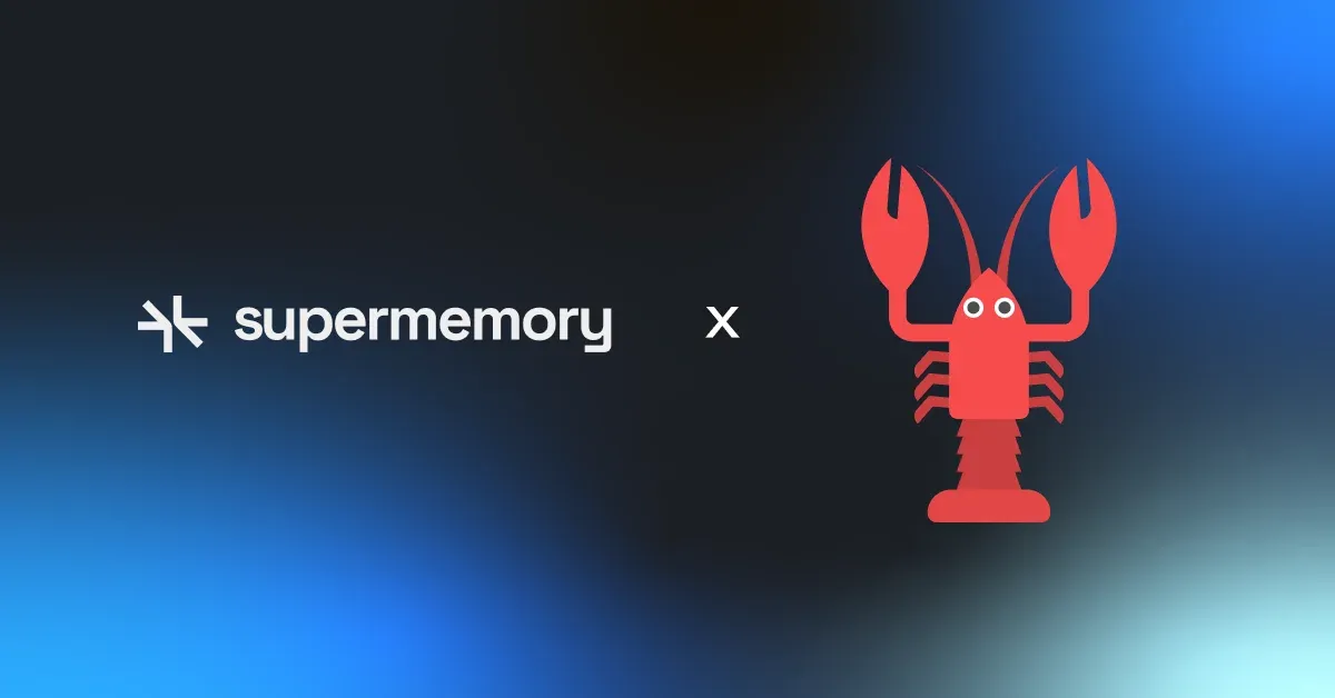 Banner with the white Supermemory logo, an x, and a red cartoon lobster on a dark blue gradient