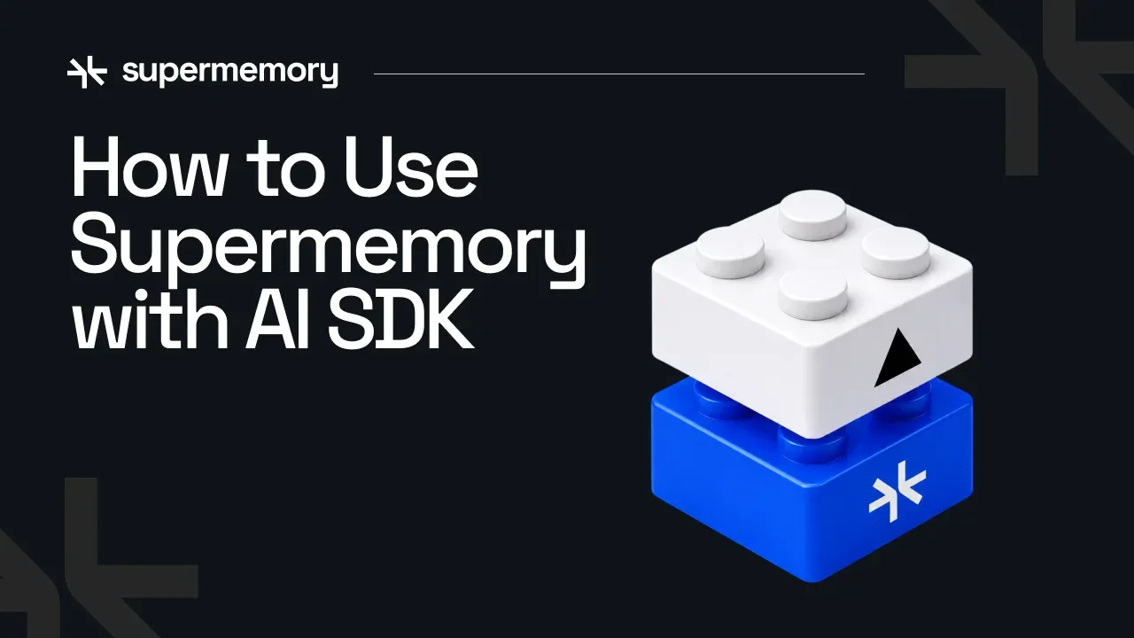 Blog cover banner reading "How to Use Supermemory with AI SDK" with a 3D white Lego brick stacked on a blue Supermemory one