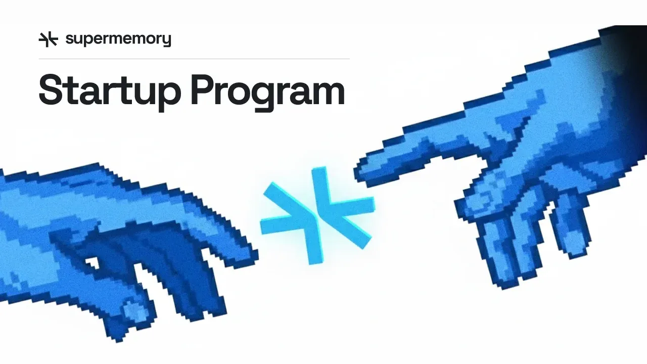 Banner reading "Startup Program" with two pixelated blue hands reaching toward the Supermemory logo
