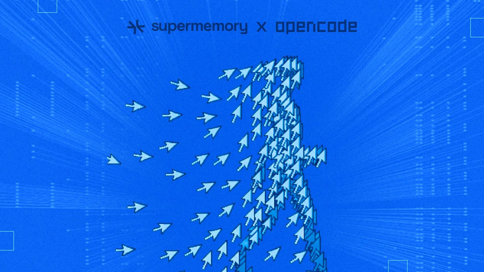 Blue banner reading "supermemory x opencode" above many small arrows converging upward into a dense formation