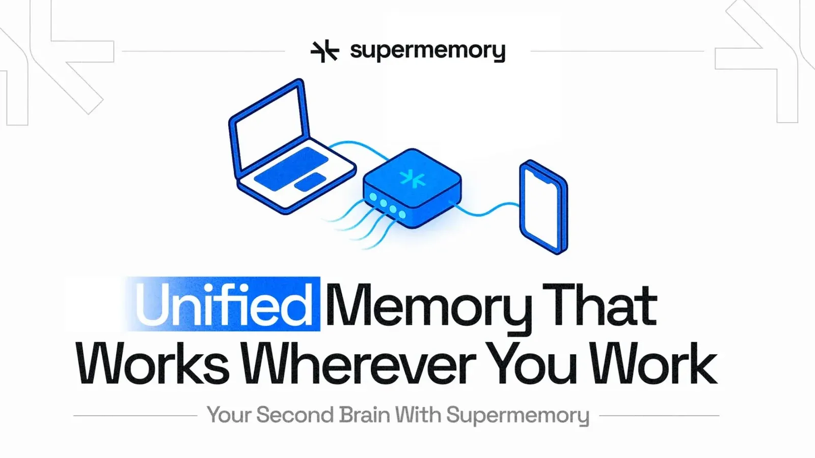 Supermemory banner reading "Unified Memory That Works Wherever You Work" with a laptop and phone linked to a hub device