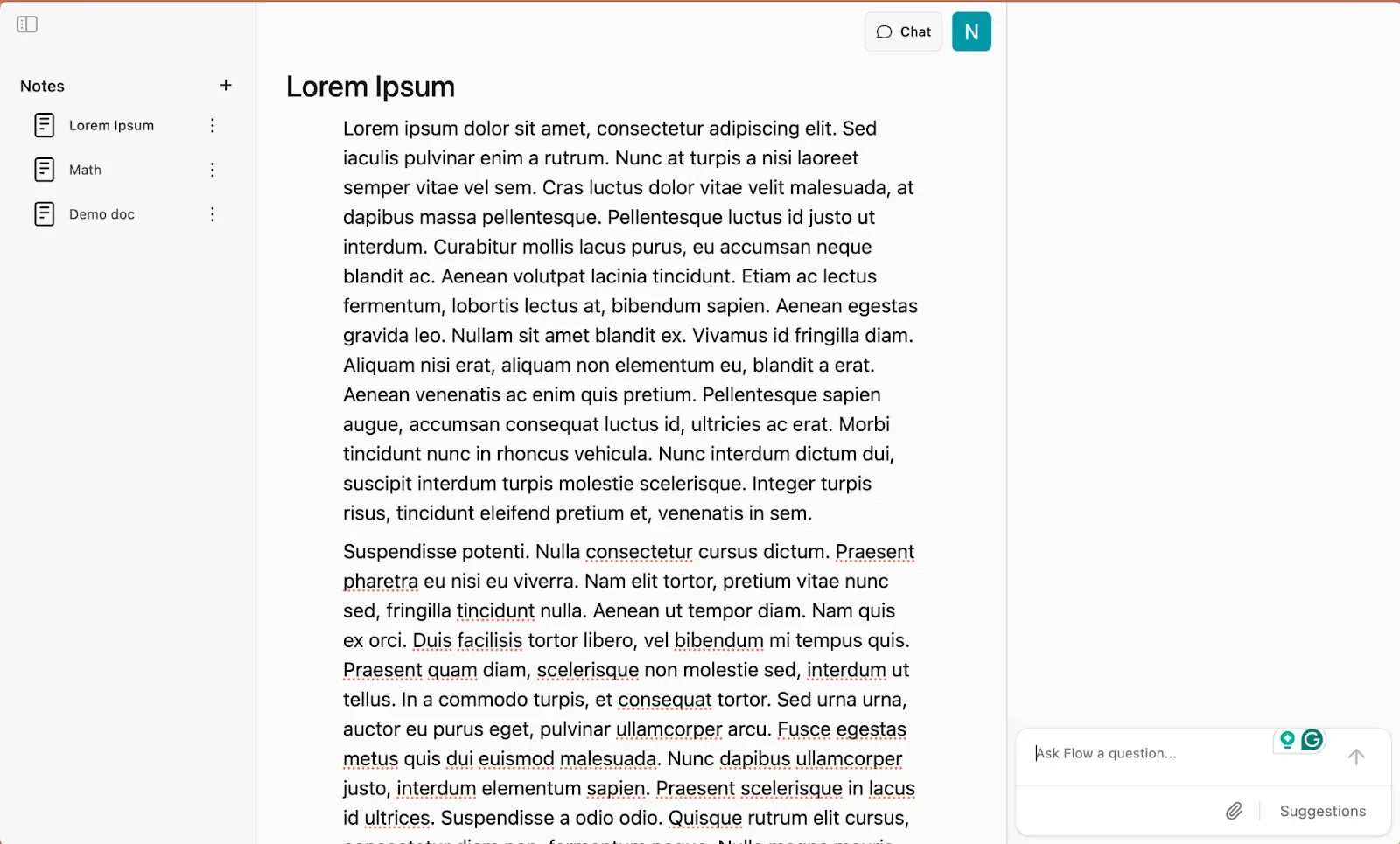 Flow app interface with a notes sidebar, a document editor showing placeholder text, and a chat panel on the right