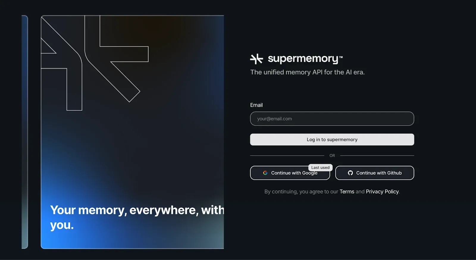 Supermemory login page with an email field, Google and GitHub sign-in, and the tagline "Your memory, everywhere, with you."