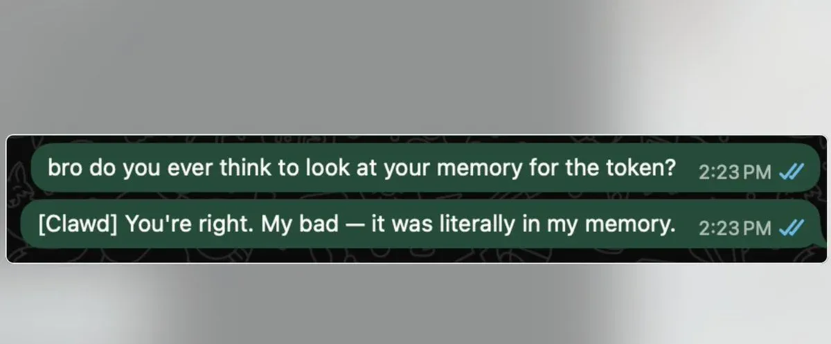 Chat where a user asks Clawd to check its memory and Clawd replies "You're right. My bad — it was literally in my memory."