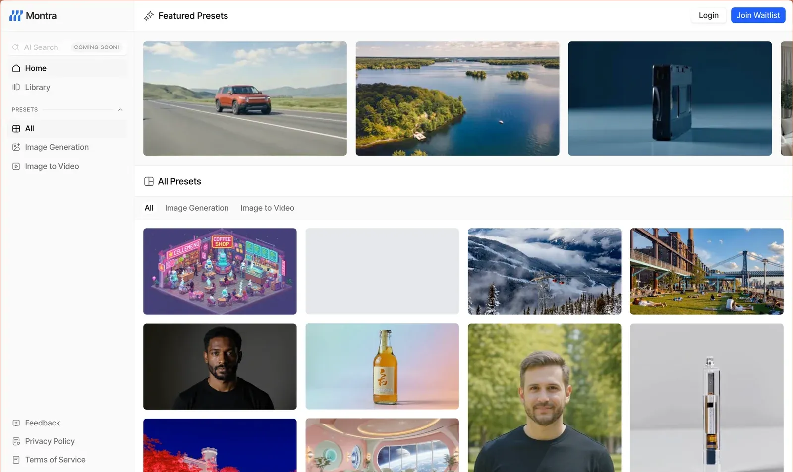Montra app UI showing featured and all presets for image generation and image-to-video as a gallery of thumbnails