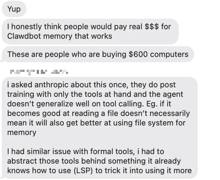 iMessage thread discussing why Clawdbot's memory tool calling is unreliable and abstracting tools behind an LSP