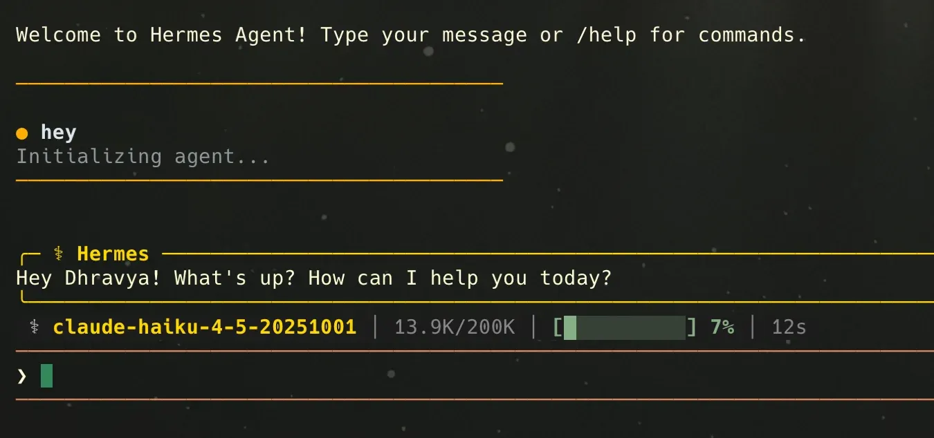 Hermes Agent terminal greeting reply running on claude-haiku-4-5, with a token and progress status bar
