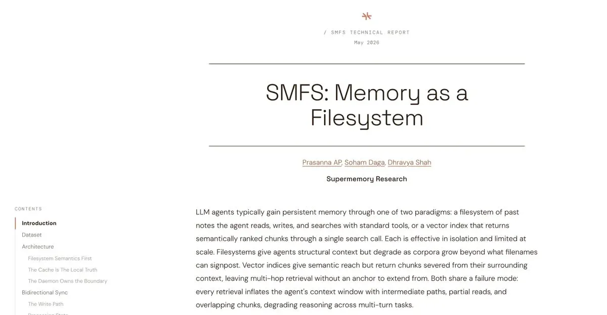 Title page of the "SMFS: Memory as a Filesystem" technical report by Supermemory Research