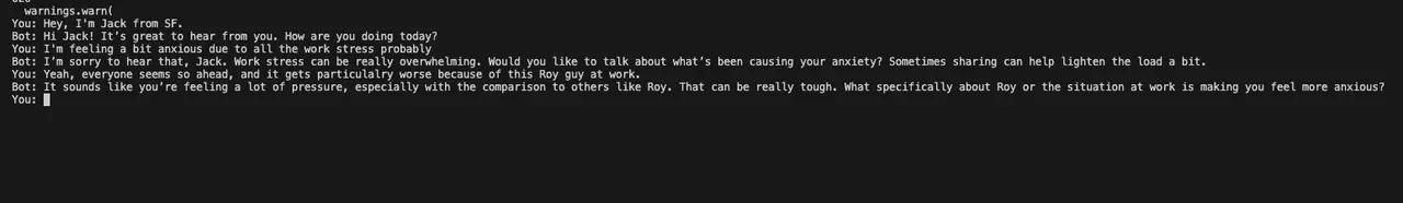 Terminal chat where the bot recalls that Jack from SF feels anxious about work stress and a coworker named Roy