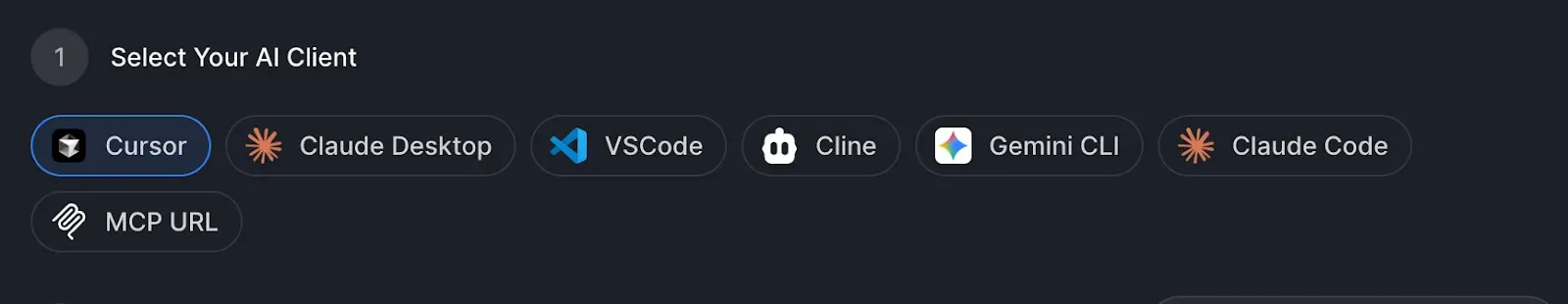 AI client selector listing Cursor, Claude Desktop, VSCode, Cline, Gemini CLI, Claude Code, and an MCP URL option