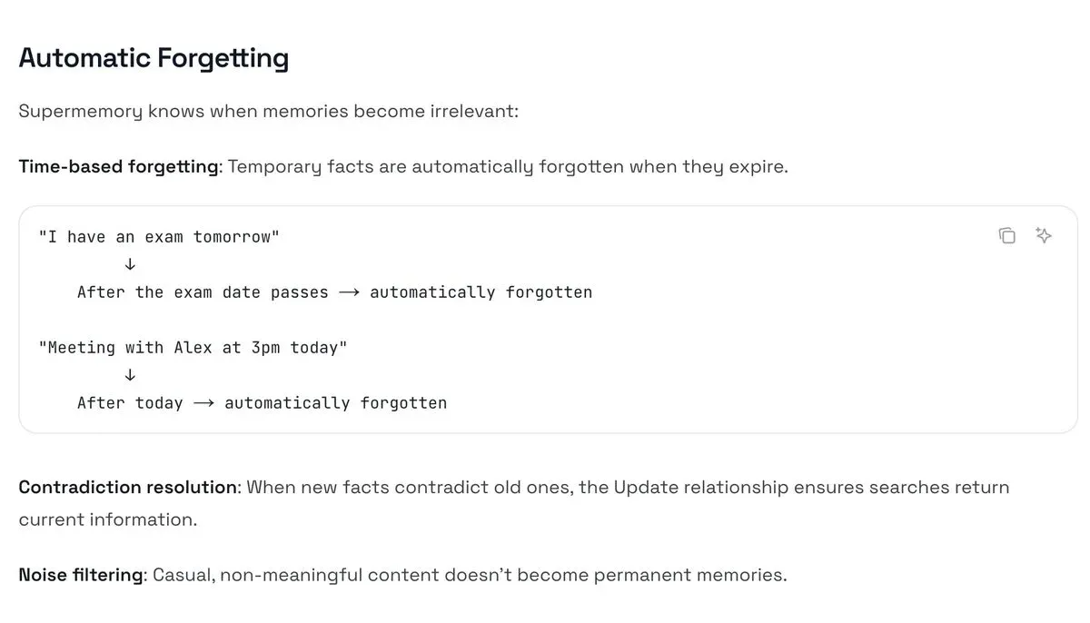 Diagram of Supermemory's automatic forgetting: time-based expiry, contradiction resolution, and noise filtering
