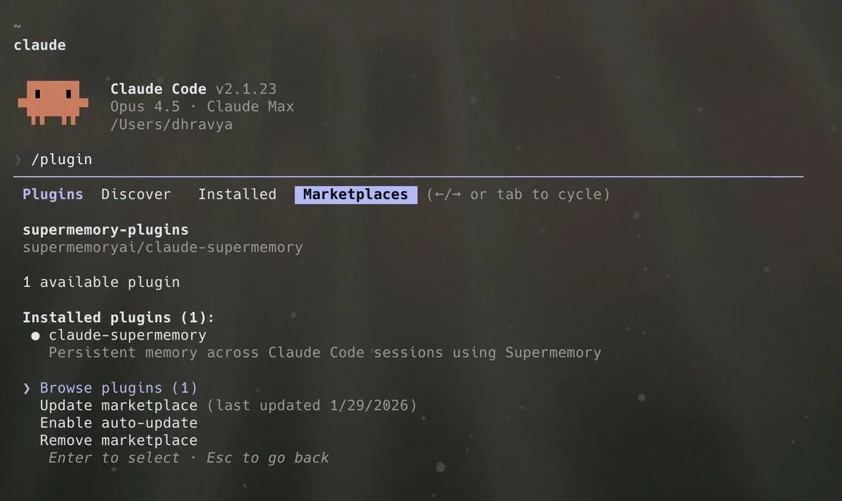 Claude Code plugins marketplace showing the installed supermemory-plugin for persistent cross-session memory