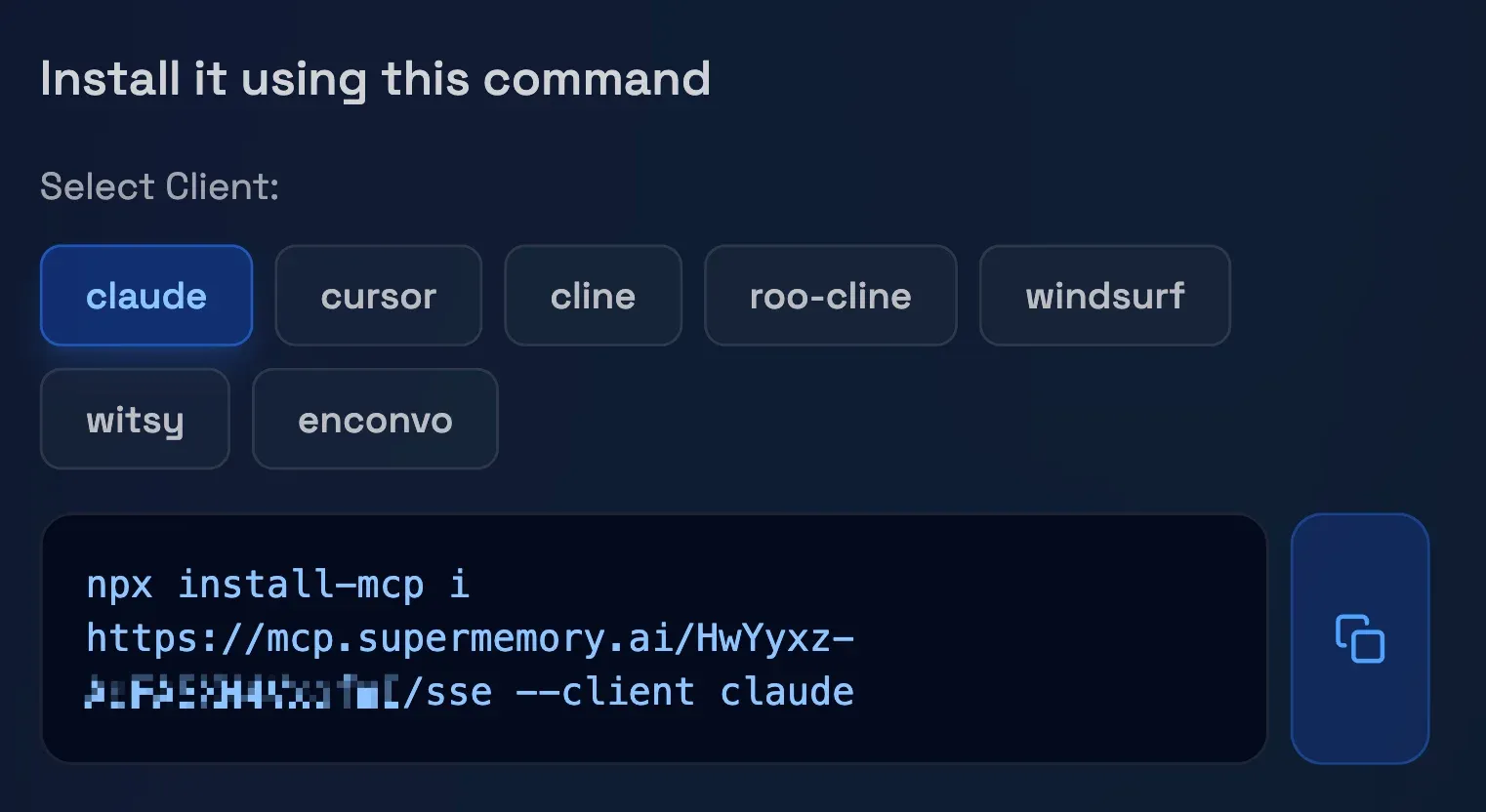 Supermemory MCP install UI with client tabs (claude, cursor, cline, windsurf) and an npx install-mcp command