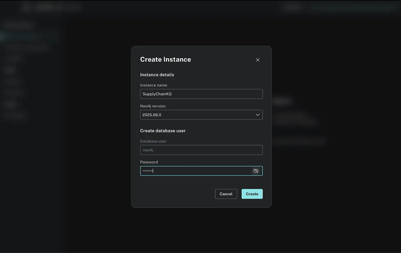 Neo4j Desktop "Create Instance" dialog with instance name SupplyChainKG, a version field, and database user fields