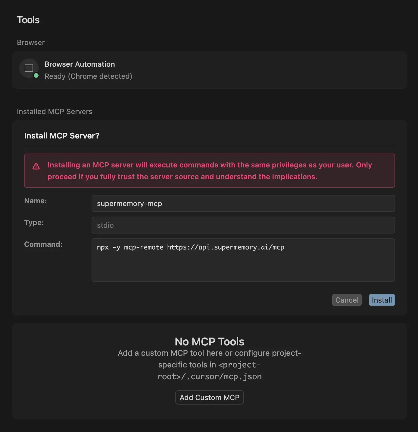 Cursor's Install MCP Server dialog for supermemory-mcp running npx -y mcp-remote with the Supermemory MCP URL