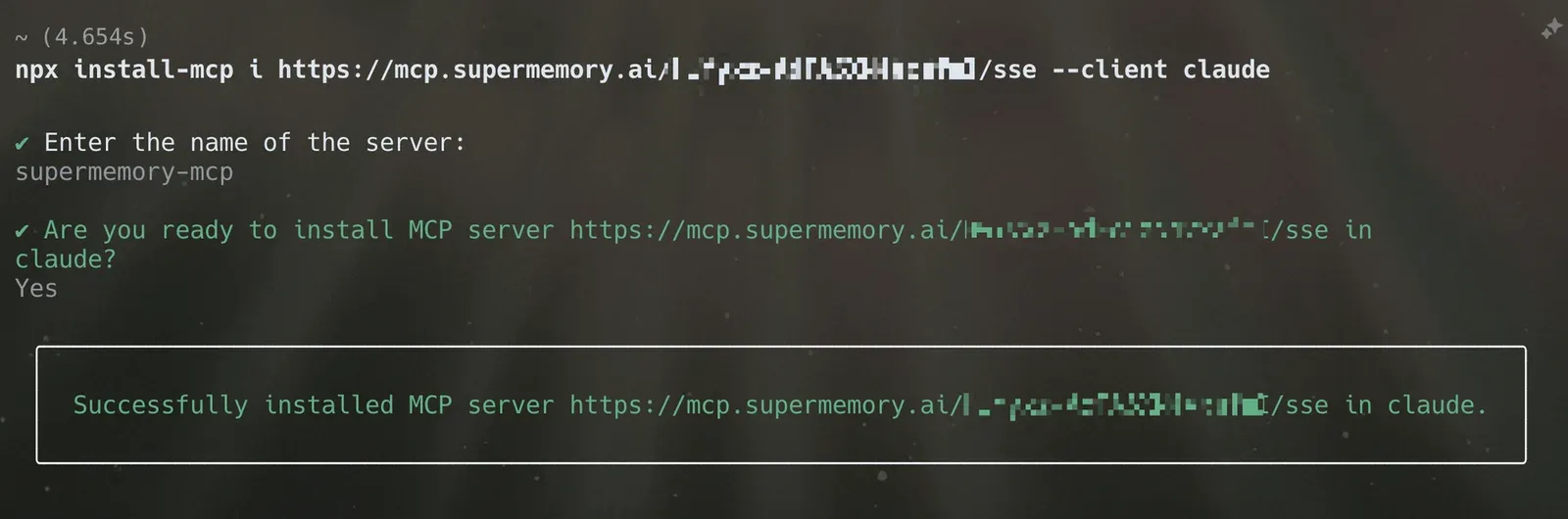 Terminal showing "Successfully installed MCP server" for supermemory-mcp with the claude client