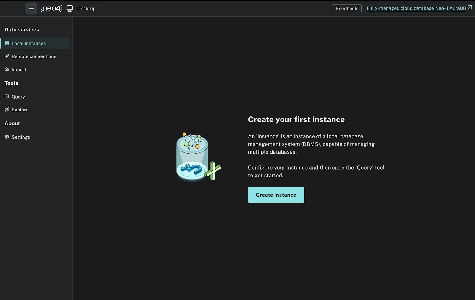 Neo4j Desktop welcome screen prompting to create your first local database instance