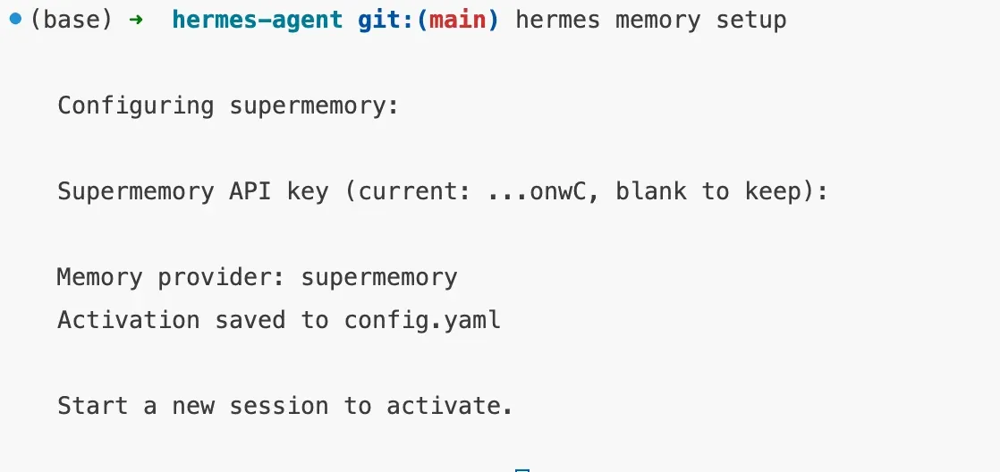 Terminal: hermes memory setup configuring Supermemory as the memory provider and saving activation to config.yaml