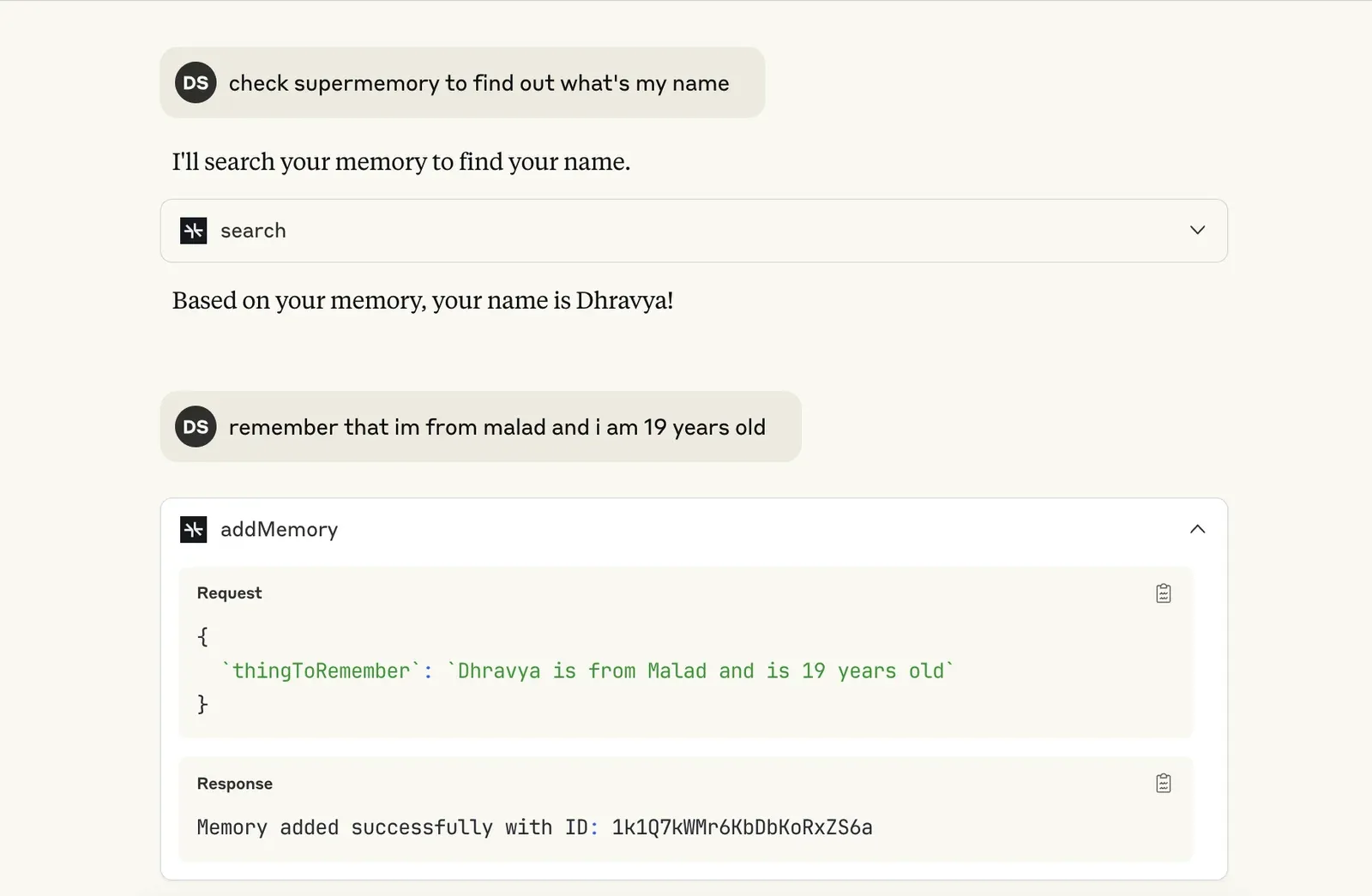 Chat demo where Supermemory recalls the user's name and stores a new memory via an addMemory tool call
