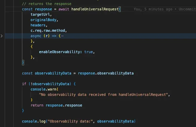 TypeScript code calling handleUniversalRequest with observability enabled, then logging the returned data