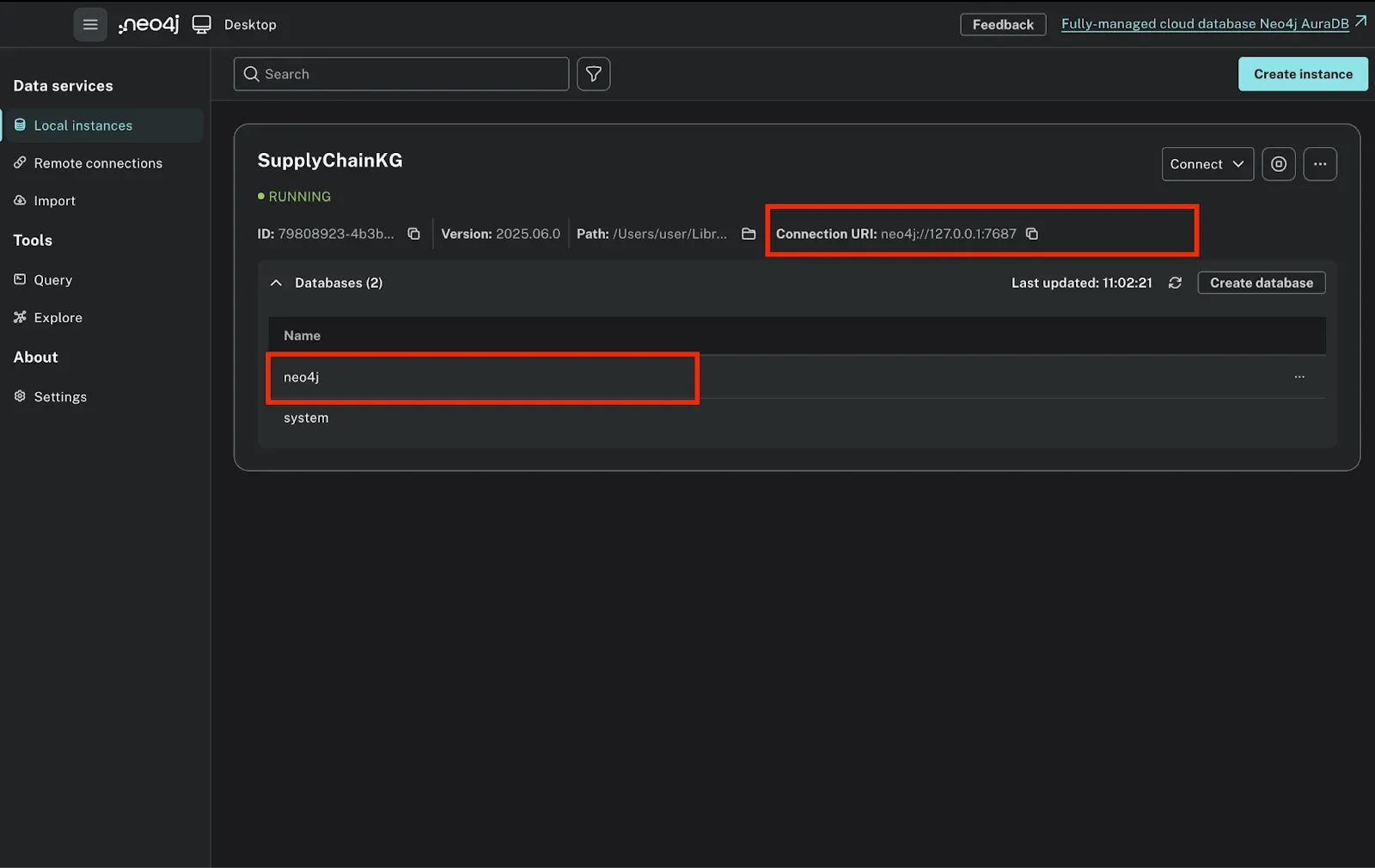 Neo4j Desktop showing a running SupplyChainKG instance with its connection URI and neo4j database highlighted