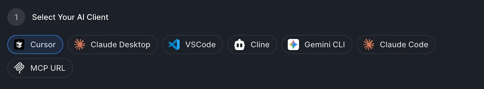 AI client selector with Cursor chosen among Claude Desktop, VSCode, Cline, Gemini CLI, Claude Code, and MCP URL