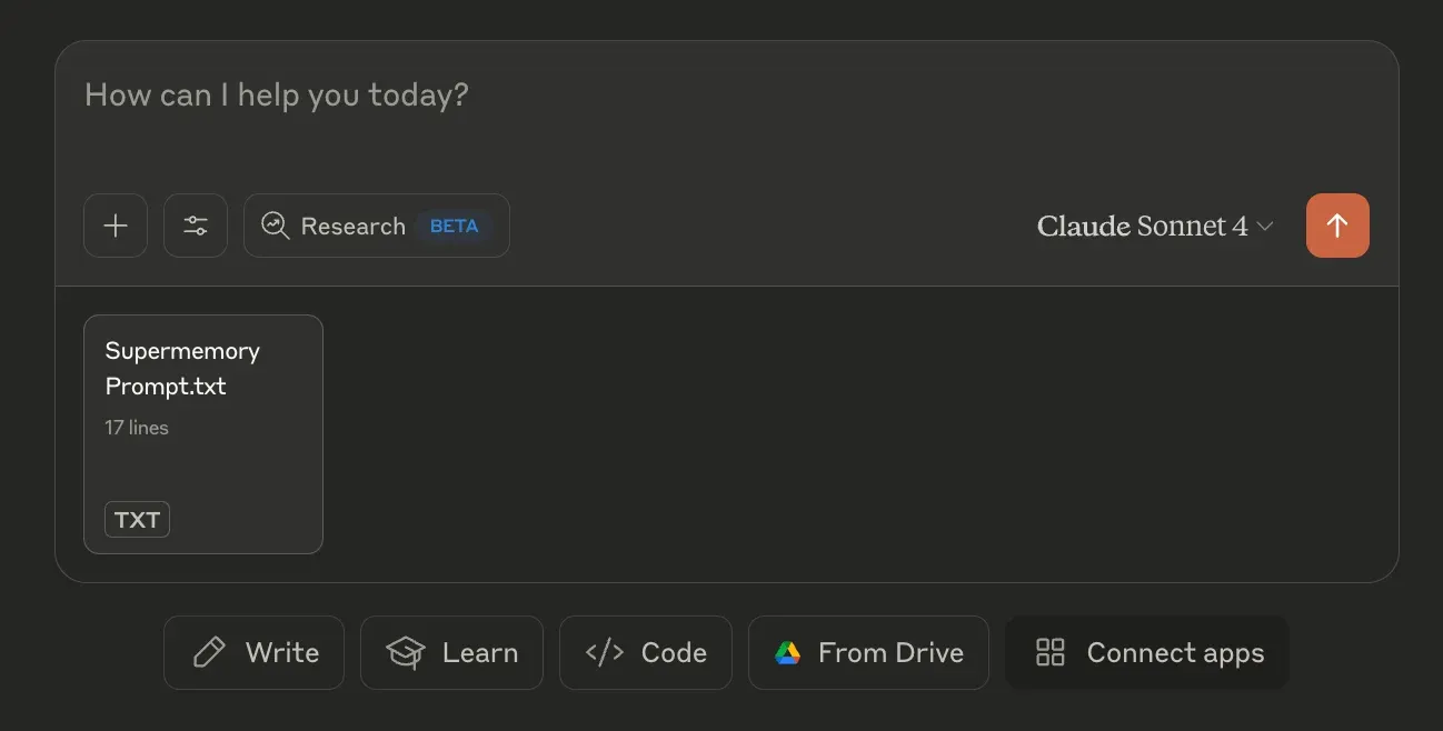Claude chat composer with a Supermemory Prompt.txt attachment and the Sonnet 4 model selected