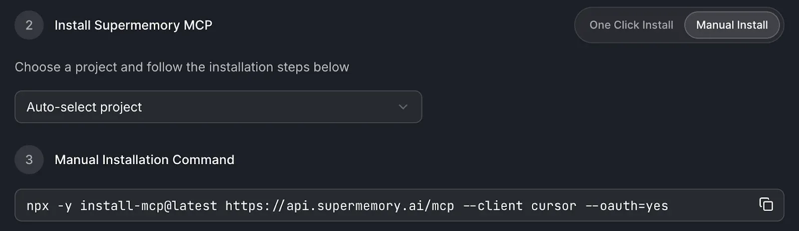Manual install step showing the npx install-mcp command for the Supermemory MCP with the cursor client and OAuth