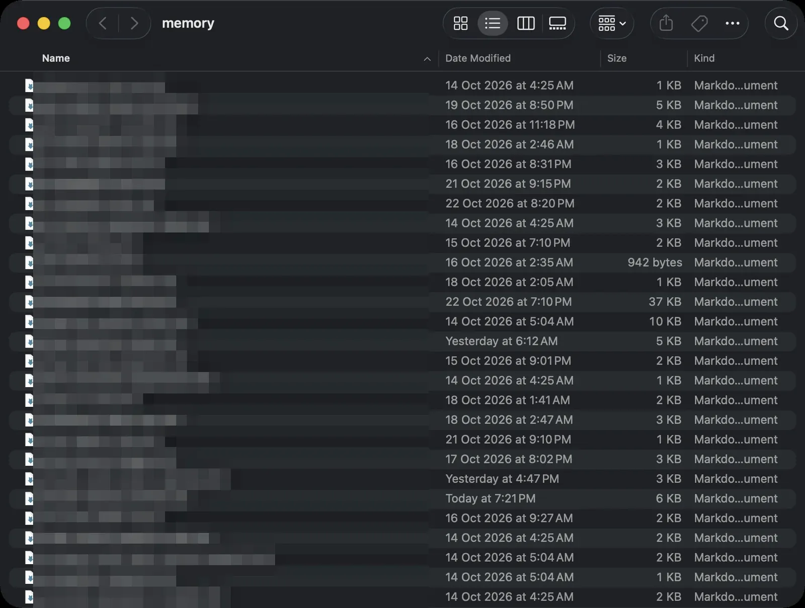 Screenshot of the Finder window for Claude Code's auto-memory folder: a flat list of Markdown documents with dates and sizes. File names are pixelated for privacy.