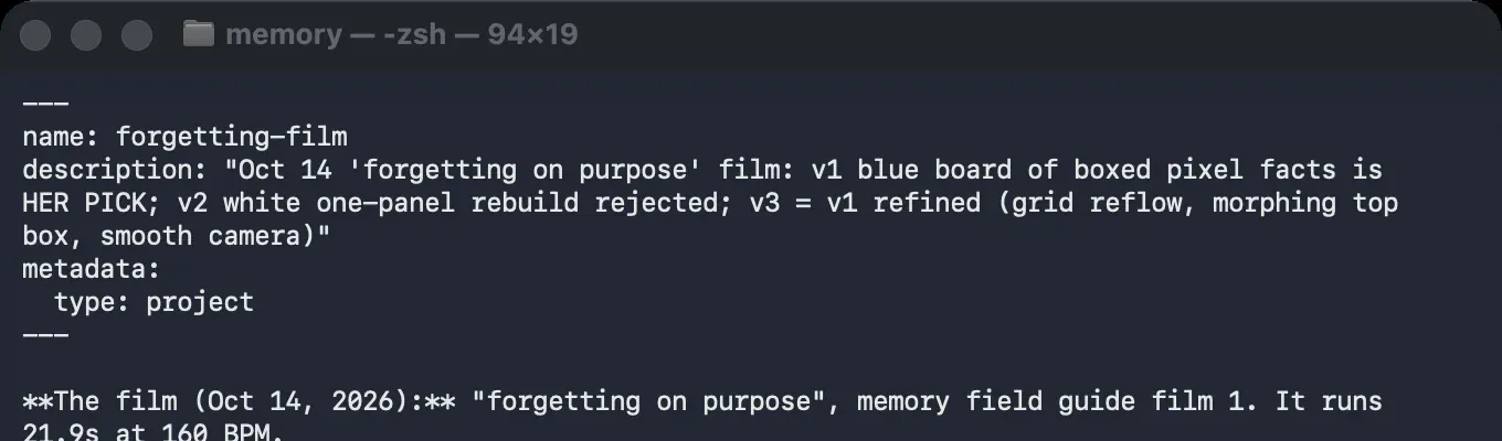 Screenshot of one memory note in a terminal: a header with name forgetting-film, a description of the film notes and metadata type project, followed by the first line of the note in Markdown.