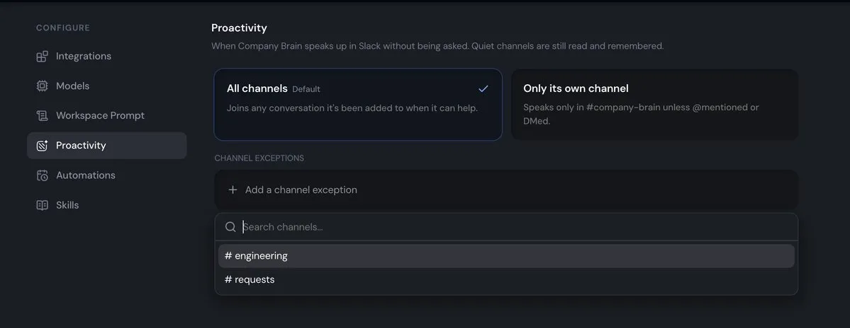 Proactivity settings offer All channels or Only its own channel, with exceptions for individual Slack channels.