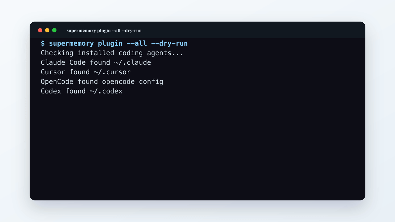 Animated terminal dry run for installing Supermemory coding-agent plugins.